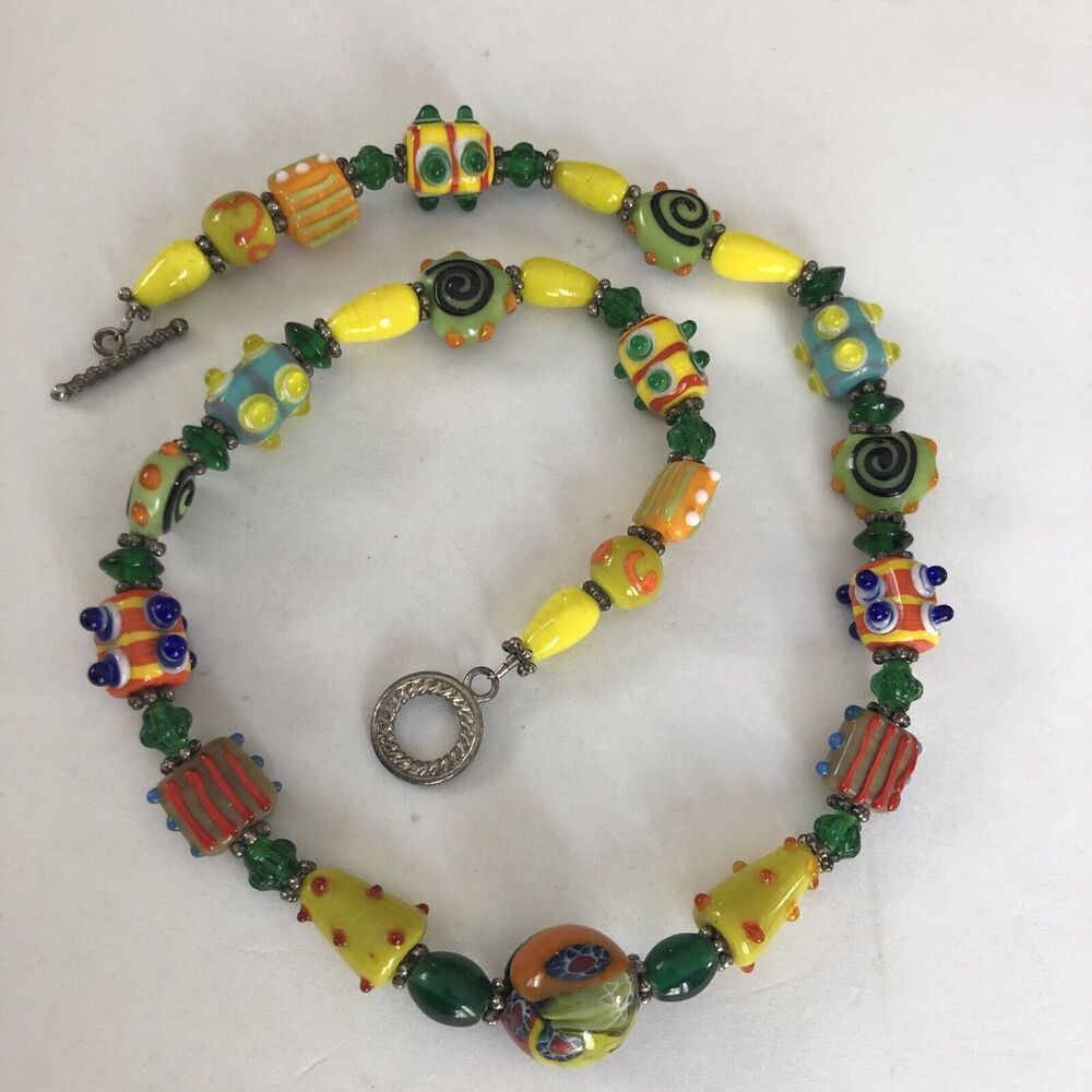 Gorgeous Artisan Art Glass, Yellow  & Blue Vintage Murano Glass Bead Necklace.